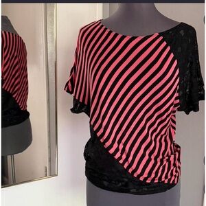 VTG Charlotte Russe Y2K Pink & Black Striped Lace Top - Made in USA - Mall Goth